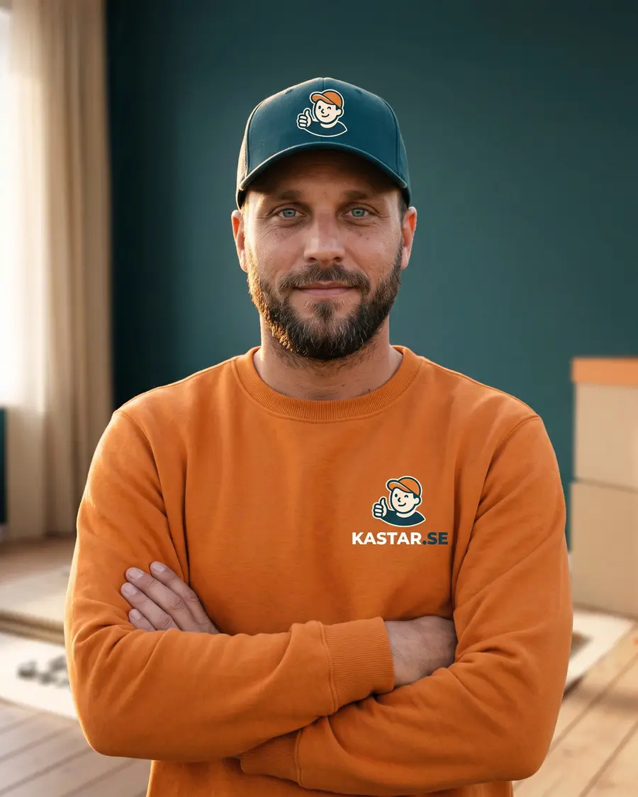 Fredrik på Bohagsbolaget.se i orange arbetströja och keps, med armarna i kors.