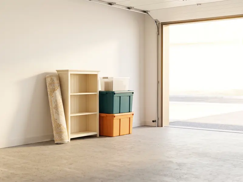 Garage med öppen port där en bokhylla, en hoprullad matta och staplade förvaringslådor står kvar